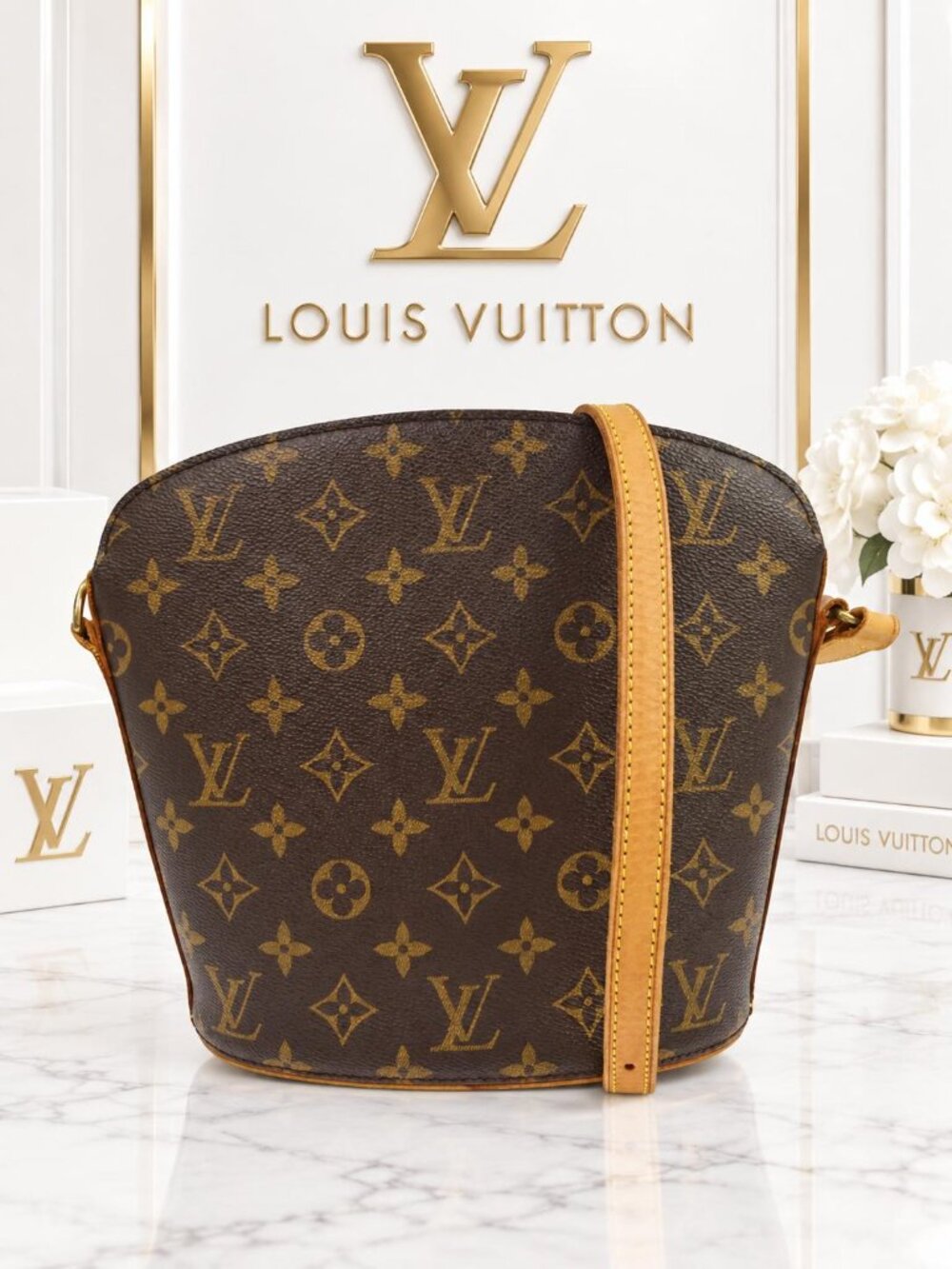 Authentic Louis Vuitton Drouot Monogram Canvas Crossbody Bag